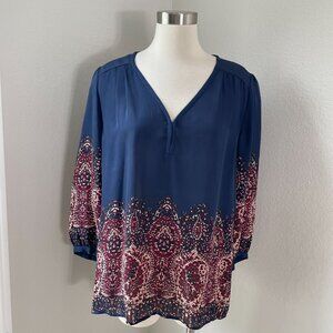 Joie Womens Medium Riva Navy Paisley 100% Silk Tunic Blouse V Neck Shirt